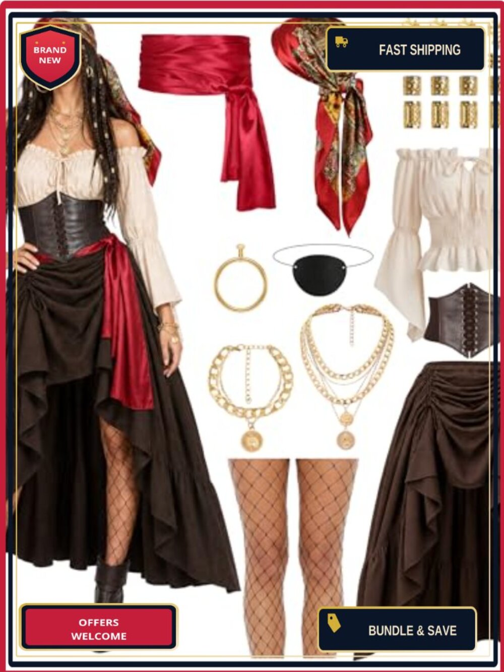 Renaissance Pirate Costume Full Set Medieval Tops Skirt Corset Halloween